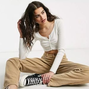 Women's White Scrunch Button Front Crop Top